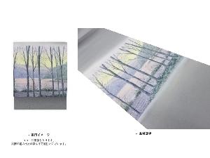 塩瀬手描き木々風景模様織出し袋帯